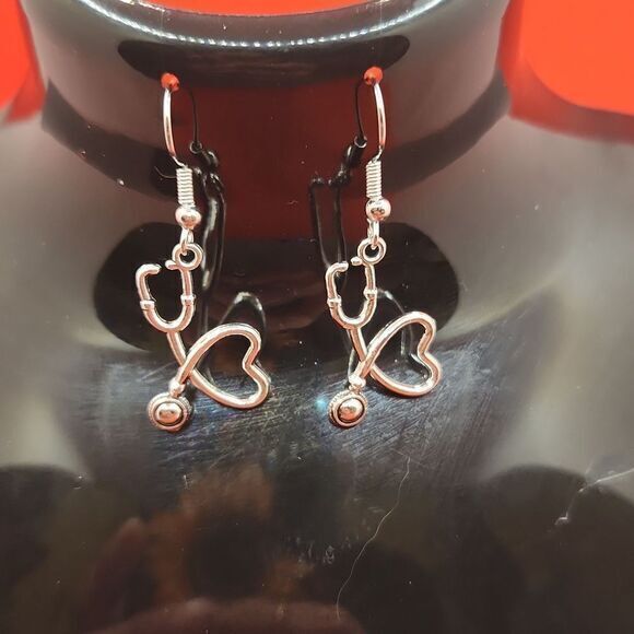 Stethoscope Heart Womens Nursing Medical Field Doctor Silver Dangle Earrings - Picture 4 of 5